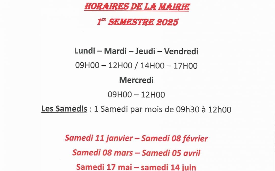 Horaires de la Mairie de Landévant 1er semestre 2025📢🌷