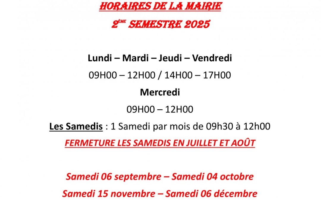 Horaires de la Mairie de Landévant 2ème semestre 2025📢🌷